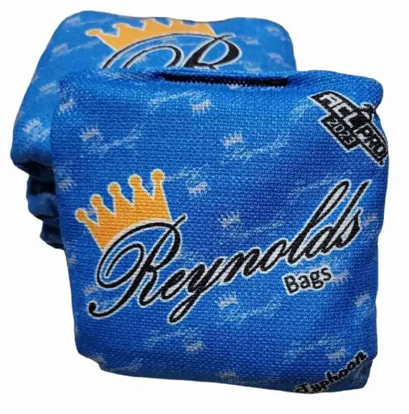 Blue Reynolds cornhole bags from the Typhoon series, providing players with superior grip and precision on every throw.