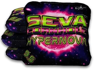 A vibrant design of the "Seva Cornhole Hypernova" bags with a glowing cosmic theme featuring neon pink and green colors, rated at speed 9.5.