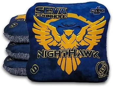 Seva Cornhole Nighthawk bean bag with a fierce yellow falcon design and wings on a textured blue background.