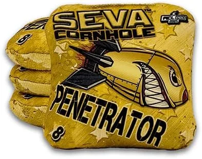 The "Seva Cornhole Penetrator" bags in a bold yellow design with a fighter-plane-inspired artwork, rated at speed 8.