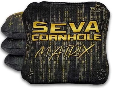 Seva Cornhole Matrix bean bag with a futuristic design featuring binary code and bold yellow text.