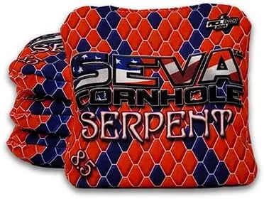 The "Seva Cornhole Serpent" bags in a red, white, and blue honeycomb pattern, featuring an American flag-inspired design, rated at speed 8.5.