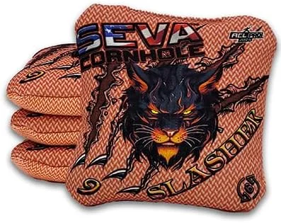 Seva Cornhole Slasher bean bag with a fierce black panther design and claw marks on a textured orange background.