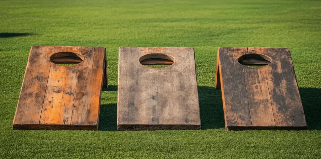 Three rustic wooden cornhole boards set up on green grass, showing the official board design with a centered 6-inch hole. These boards are ideal for outdoor cornhole games, showcasing a natural, classic look.