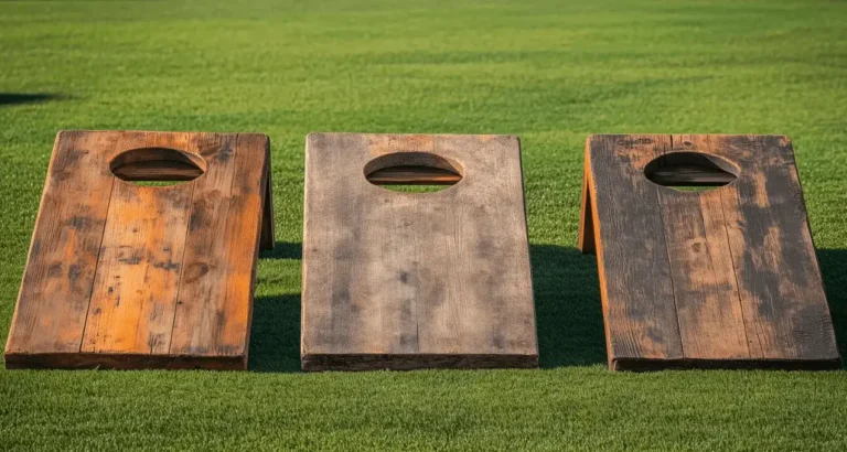 Three rustic wooden cornhole boards set up on green grass, showing the official board design with a centered 6-inch hole. These boards are ideal for outdoor cornhole games, showcasing a natural, classic look.