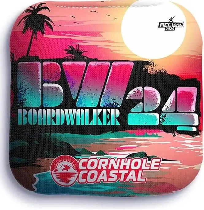 The Board Walker Cornhole Coastal Bag: A tropical-themed cornhole bag designed for control-focused and strategic gameplay, showcasing vibrant colors and the Cornhole Coastal branding.