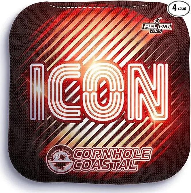 Icon Cornhole Coastal Bags: A vibrant cornhole bag design featuring a glowing "ICON" text in bold white and red hues with diagonal stripes. The Cornhole Coastal logo and ACL Pro 2025 badge are also visible.