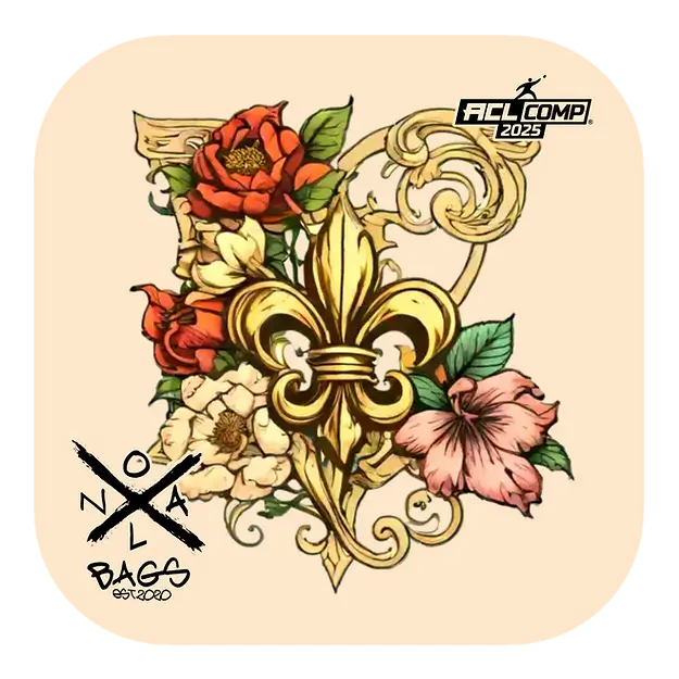 Big Easy Nola Bags. Detailed illustration of a gold fleur-de-lis intertwined with red and white roses and green leaves, designed for ACL Comp 2025 cornhole bags by Throw-Dat NOLA Bags