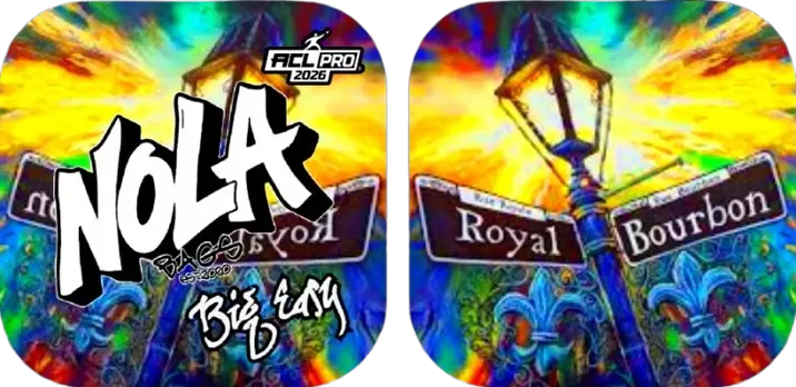 A pair of Nola Bags Cornhole bags, each depicting a vibrant street scene with a New Orleans theme against a colorful, psychedelic sky of yellow, orange, green, and blue. Both bags feature a black lamp post with two street signs. The left bag has "NOLA" in large white graffiti-style letters, and "Big Easy" in white script below. The street signs below "NOLA" are obscured but appear to read "Bourbon" and "Royal" in reverse. The right bag clearly shows street signs that read "Royal" and "Bourbon." Both Nola Bags Cornhole bags also display a small "ACL PRO 2026" logo at the top center.
