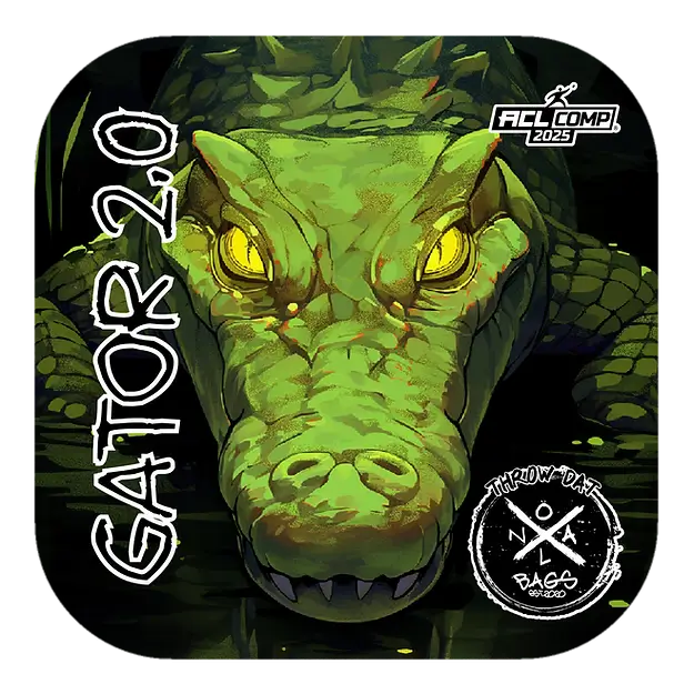 A bold cornhole bag design from NOLA Bags featuring a fierce, glowing green alligator emerging from the water. The bag is labeled "ACL Comp 2025" and showcases the "Throw-Dat NOLA Bags" logo, giving it an intense, competitive look.