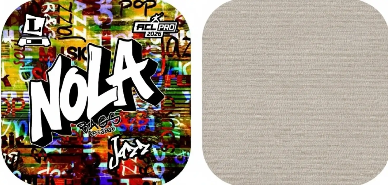 A close-up of a vibrant, graffiti-style design for Nola Bags Cornhole features the word "NOLA" prominently in white, outlined in black. The background is a collage of colorful text and street art, with words like "music," "pop," and "jazz" visible. In the upper right corner, a small logo reads "ACL PRO 2026." The design is set against a plain, light brown, textured background on the right.