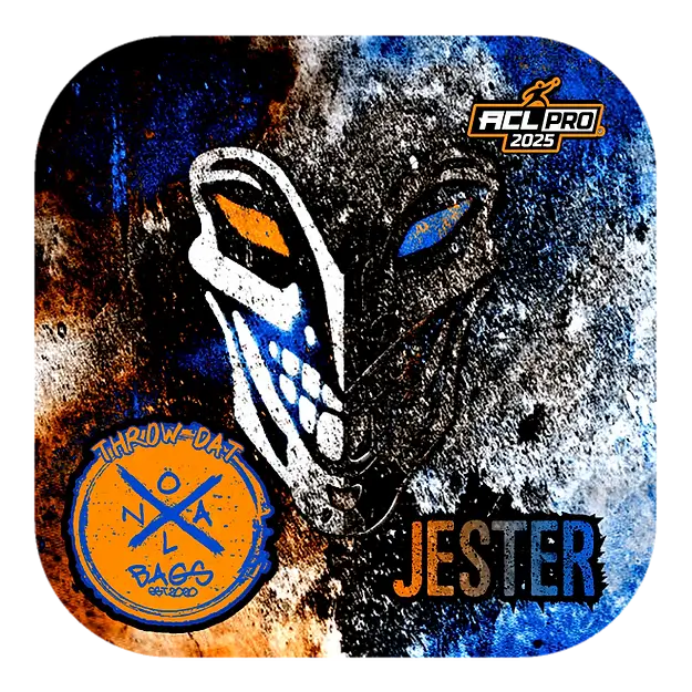 A striking cornhole bag design from NOLA Bags, featuring a sinister, abstract jester face with blue and orange eyes against a gritty, textured background. The bag is marked "ACL Pro 2025" and includes the "Throw-Dat NOLA Bags" logo, blending chaos and style.