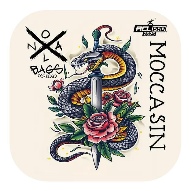 "Moccasin" design for Throw-Dat NOLA Bags' ACL Pro 2025 cornhole bags. Features a coiled rattlesnake, dagger, and roses illustration, showcasing the brand's detailed artwork.