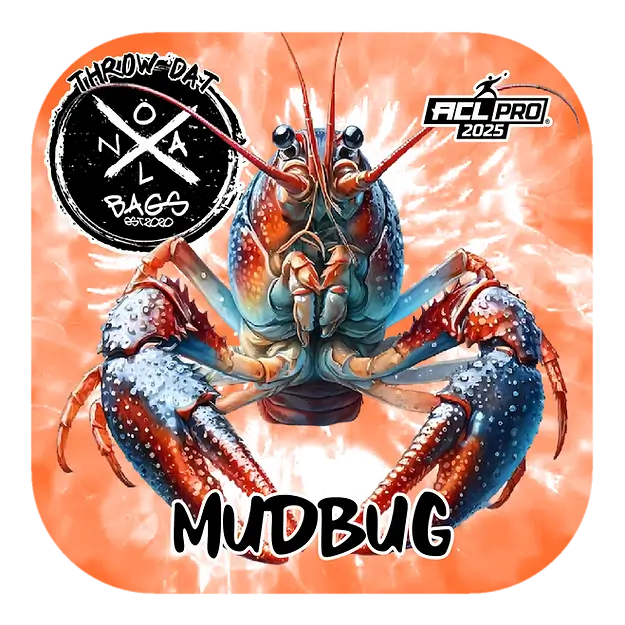 A vibrant cornhole bag design from NOLA Bags featuring a detailed illustration of a crawfish, nicknamed "Mudbug," against an orange background with splashes of water. The bag is labeled "ACL Pro 2025" and includes the "Throw-Dat NOLA Bags" logo.