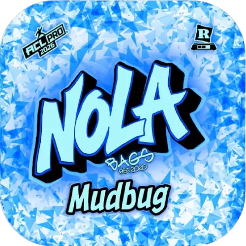 Blue ice-themed logo for Nola Bags Cornhole featuring the bold word “NOLA” in light blue with black outline, the word “Mudbug” below, and ACL Pro 2026 and Rated R icons in the corners.