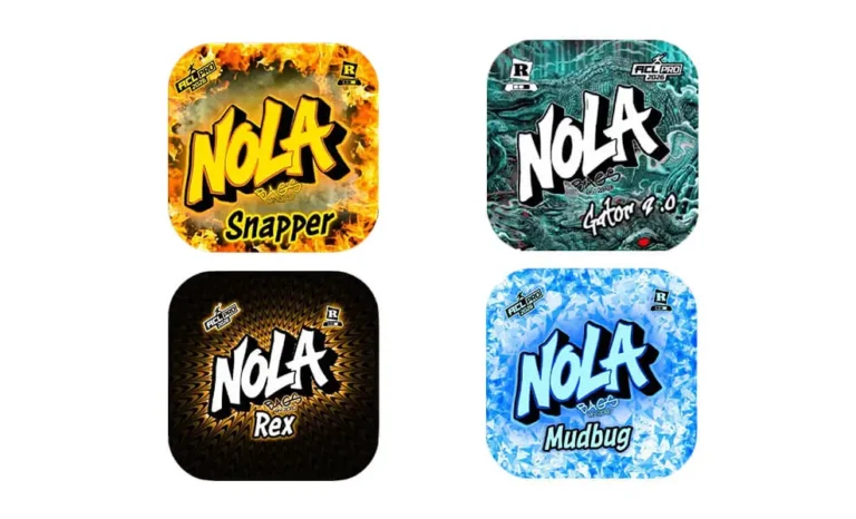 Four "NOLA Bags" logos, each with unique backgrounds: fiery orange for "Snapper," reptilian teal for "Gator 2.0," radiating gold for "Rex," and icy blue for "Mudbug." Each logo includes "ACL PRO" and a registered trademark symbol.