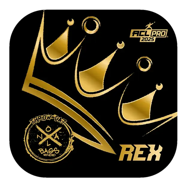 A regal, golden crown design for ACL Pro 2025 cornhole bags, featuring three stylized crowns and the text "ACL Pro 2025" and "REX" against a black background and includes the "Throw-Dat NOLA Bags" logo