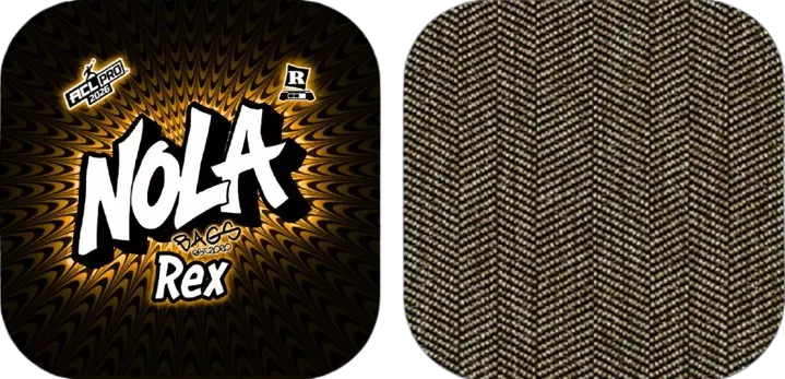 Black and gold spiral background logo for Nola Bags Cornhole featuring the bold white word “NOLA” with black outline, the word “Rex” below, and ACL Pro 2026 and Rated R icons in the corners.