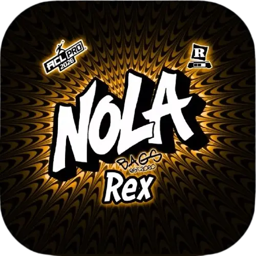 Black and gold spiral background logo for Nola Bags Cornhole featuring the bold white word “NOLA” with black outline, the word “Rex” below, and ACL Pro 2026 and Rated R icons in the corners.