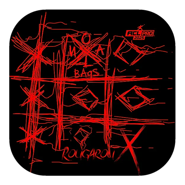 A dark and eerie cornhole bag design from NOLA Bags, showcasing a red, hand-drawn tic-tac-toe pattern with chaotic scratches spelling "Rougarou X." The bag carries the "ACL Pro 2025" label and the "Throw-Dat NOLA Bags" logo, adding a mysterious, intense aesthetic.