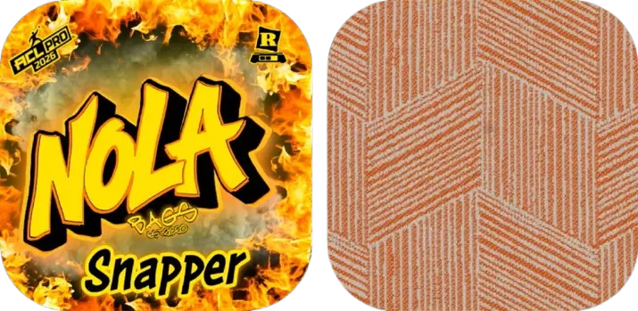 Fiery logo design for Nola Bags Cornhole featuring the bold yellow word “NOLA” with flames in the background, the word “Snapper” below, and ACL Pro 2026 and Rated R icons in the corners.
