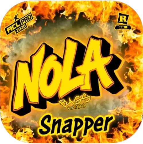 Fiery logo design for Nola Bags Cornhole featuring the bold yellow word “NOLA” with flames in the background, the word “Snapper” below, and ACL Pro 2026 and Rated R icons in the corners.