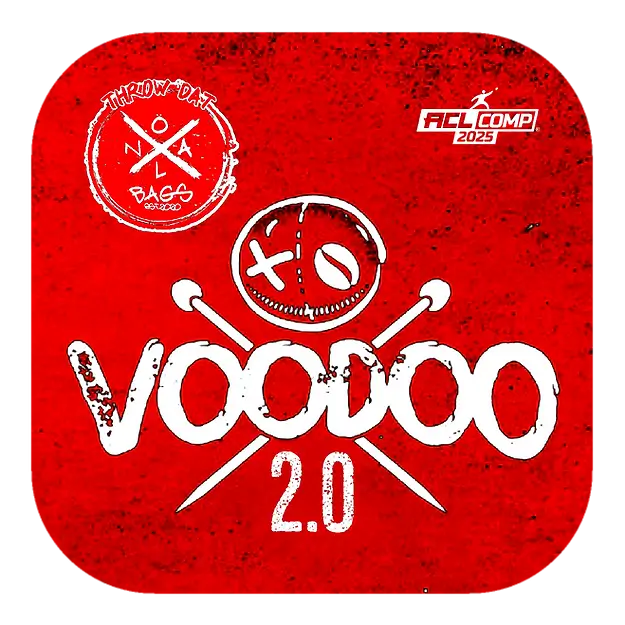 Voodoo 2.0" cornhole bag design by Throw-Dat NOLA Bags for ACL Comp 2025, featuring a red background, voodoo doll graphic, and crossed pins.