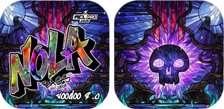 A set of Nola Bags Cornhole bags, both featuring a vibrant, stained-glass art style in shades of blue, purple, and red. The background includes gothic-style window panes and bare tree branches, with a black crow perched on a branch at the top left and right of each bag. The left bag has "NOLA" in colorful, textured graffiti letters with "Voodoo 2.0" in white script below it. The right bag displays a stylized purple skull with glowing eyes at its center, surrounded by a purple and white burst. Both Nola Bags Cornhole bags include a small "ACL PRO 2026" logo at the top center.
