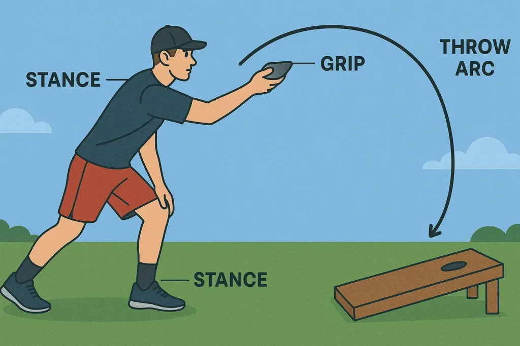 A person throwing airmail shot in cornhole 