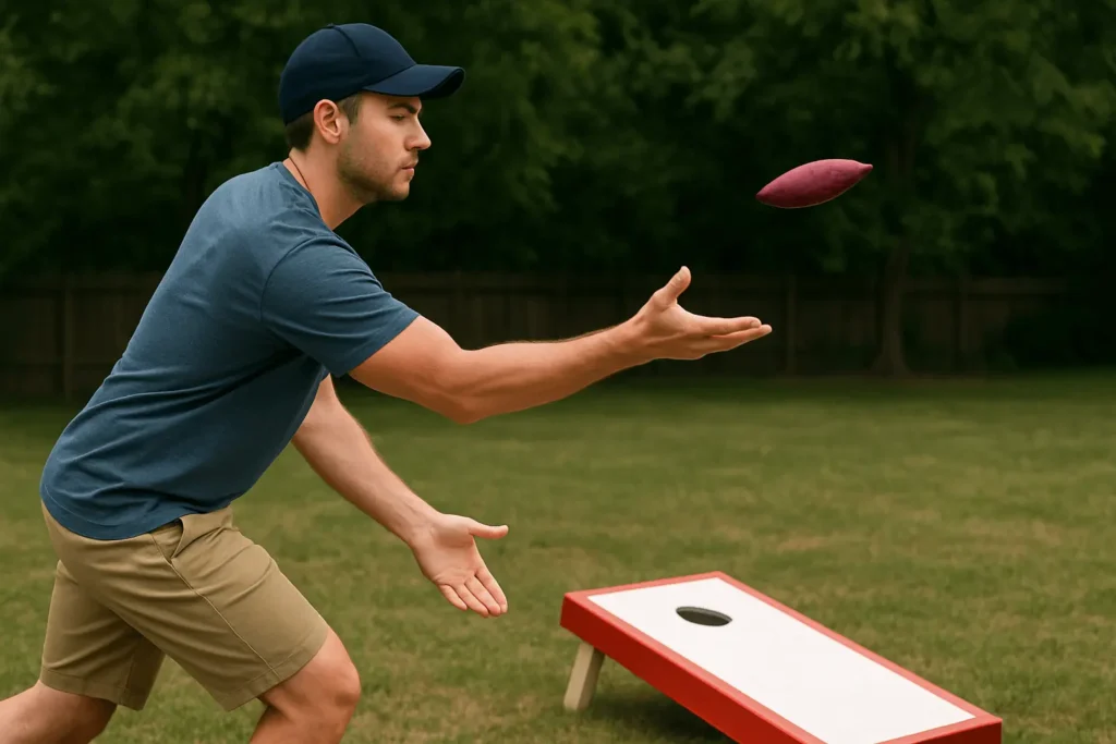 An example of a player throwing a flat, spinning bag underhand. Notice the player’s arm is extended forward, palms-up, with weight balanced—key aspects of the flat bag throw.