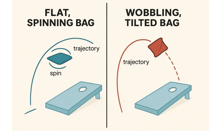 A flat bag throw vs a tilted wobbling throw. Common mistake in cornhole.