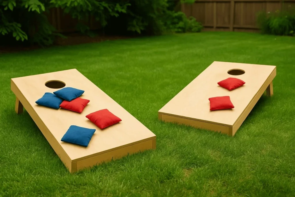 Cornhole bags and boards in lawn in backyard 