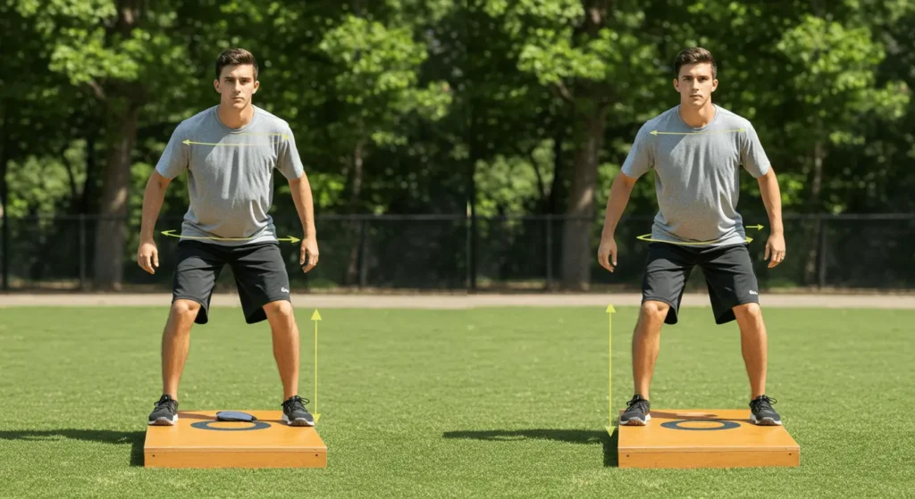 An image showcasing a cornhole player demonstrating the correct stance with feet shoulder-width apart, knees slightly bent, and shoulders aligned towards the target.