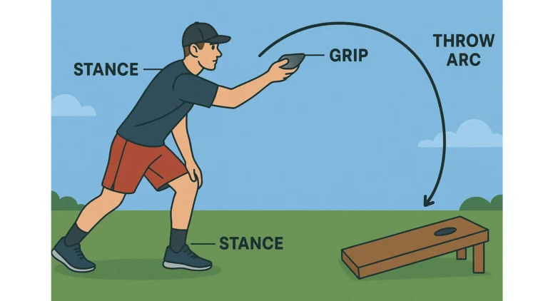 A person throwing airmail shot in cornhole
