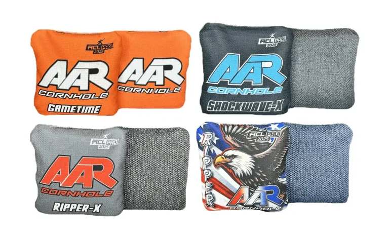 AAR Cornhole 2025 ACL Pro stamped bags including Gametime, Shockwave-X, Ripper-X, and Ripper models, each shown with both graphic and fabric sides for comparison