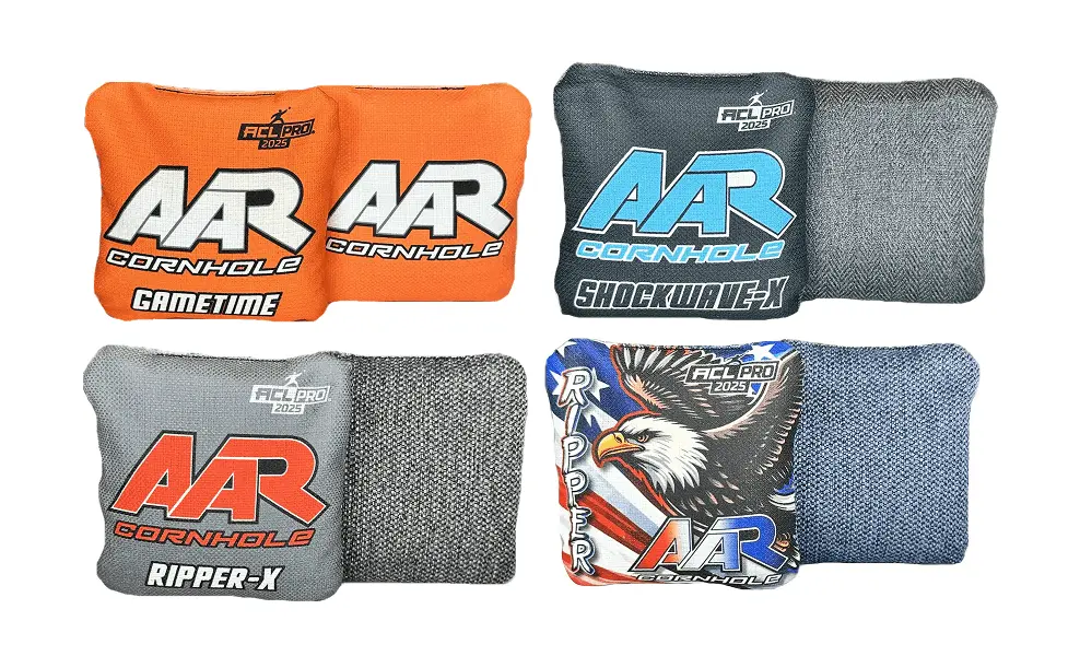 AAR Cornhole 2025 ACL Pro stamped bags including Gametime, Shockwave-X, Ripper-X, and Ripper models, each shown with both graphic and fabric sides for comparison