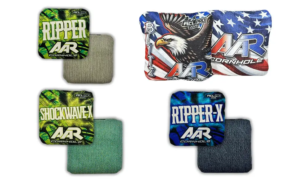 4 sets of AAR Cornhole ACL Pro 2026 bags displayed front and back: Ripper with green lightning design and tan fabric, Ripper-X with blue lightning design and dark denim-like fabric, and Shockwave-X with green lightning design and teal herringbone fabric, and Blitz with American Eagle Style