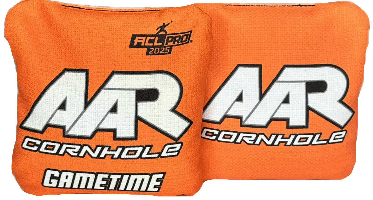 AAR Cornhole Gametime ACL Pro 2025 cornhole bags in bright orange color featuring bold white AAR branding and textured fabric design