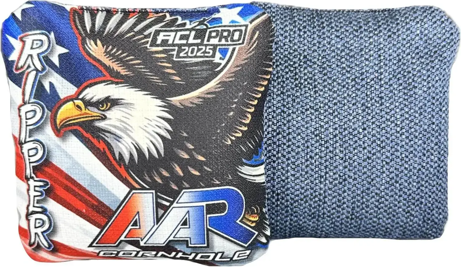 AAR Cornhole Ripper ACL Pro 2025 cornhole bags with an eagle illustration, American flag-themed design on one side and textured blue fabric on the other