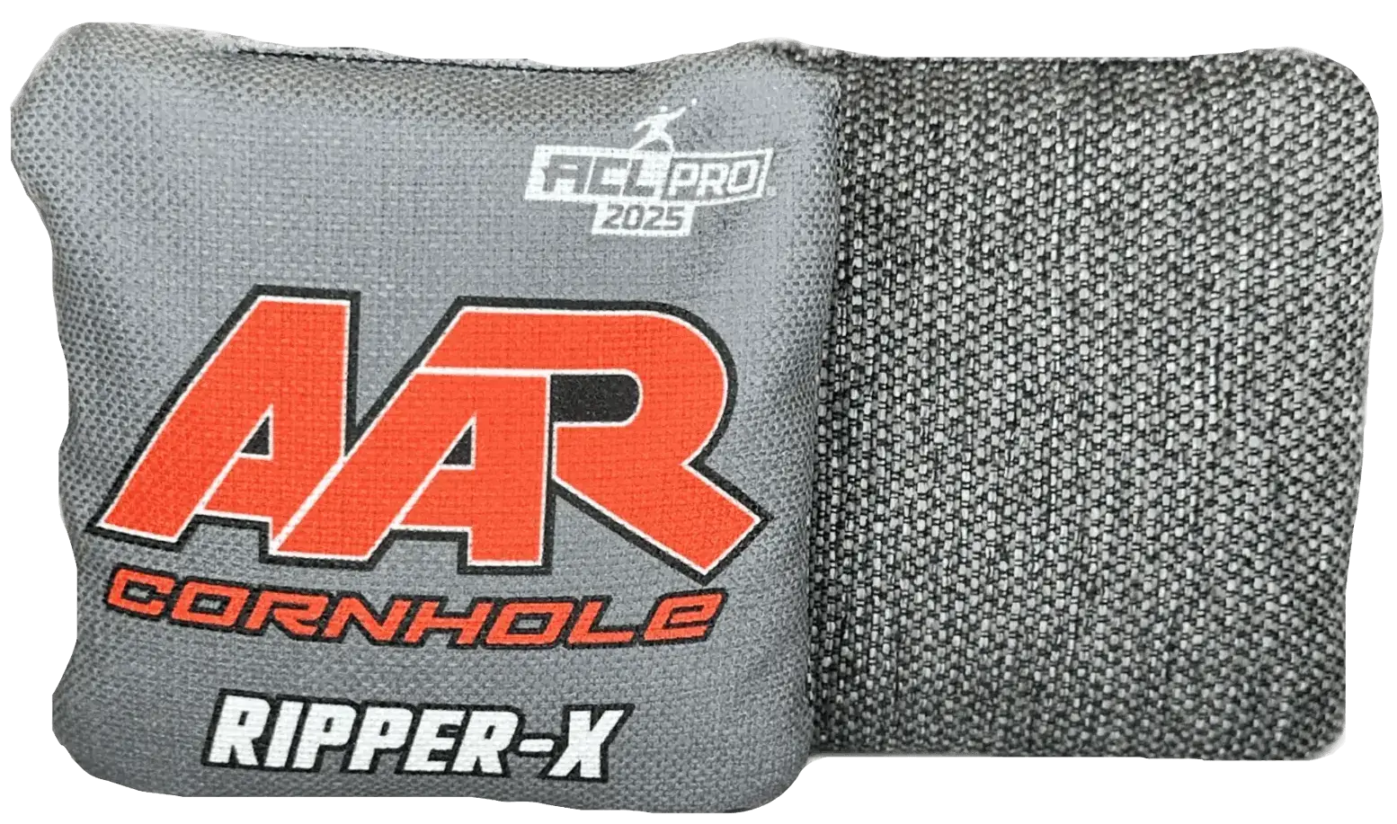 AAR Cornhole Ripper-X ACL Pro 2025 cornhole bag in bright red color featuring bold white AAR branding on a gray textured background and tightly woven carpet-like fabric
