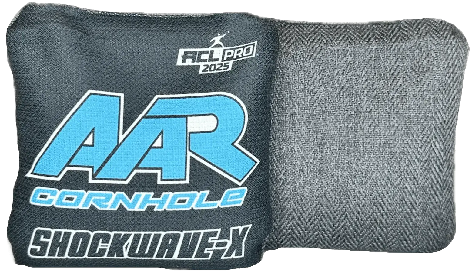 AAR Cornhole Shockwave-X ACL Pro 2025 cornhole bag in bold blue color featuring large white AAR branding on a black textured background and herringbone-patterned fabric
