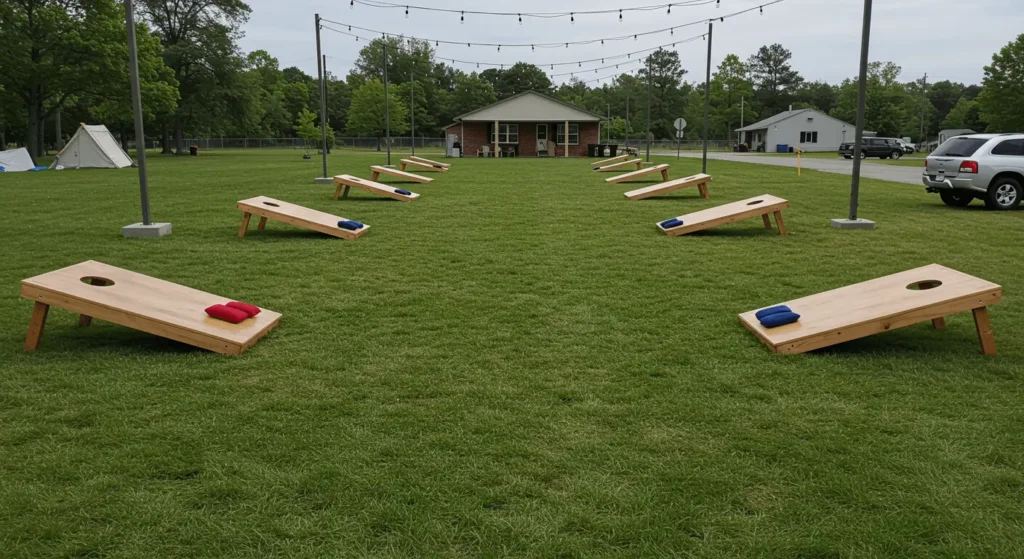 Multi-court cornhole tournament setup 