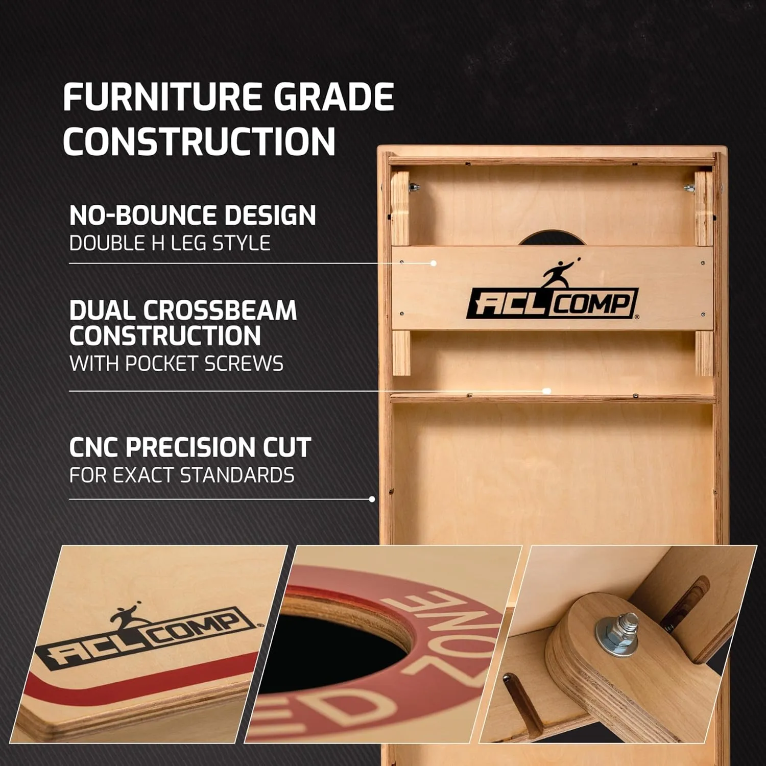 ACL COMP regulation cornhole boards with light wood finish, bold red border, and American Cornhole League branding. Includes a close-up of the board's underside showing cross-braced construction and foldable legs.