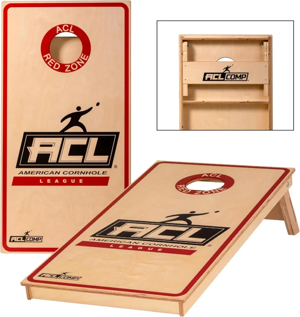ACL COMP regulation cornhole boards with light wood finish, bold red border, and American Cornhole League branding. Includes a close-up of the board's underside showing cross-braced construction and foldable legs.