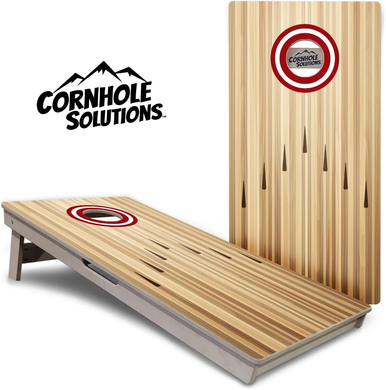 Cornhole Solutions Tournament Series board featuring a striped wood design with a red target-style ring around the hole, shown alongside a view of the underside with sturdy bracing and Cornhole Solutions branding.
