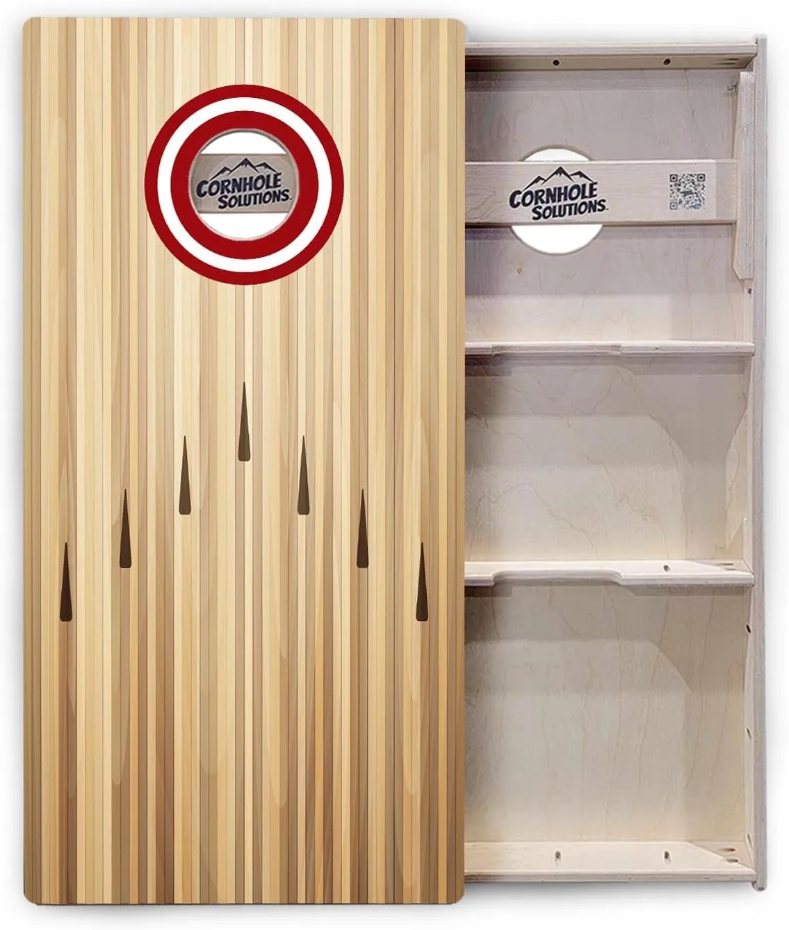 Cornhole Solutions Tournament Series board featuring a striped wood design with a red target-style ring around the hole, shown alongside a view of the underside with sturdy bracing and Cornhole Solutions branding.