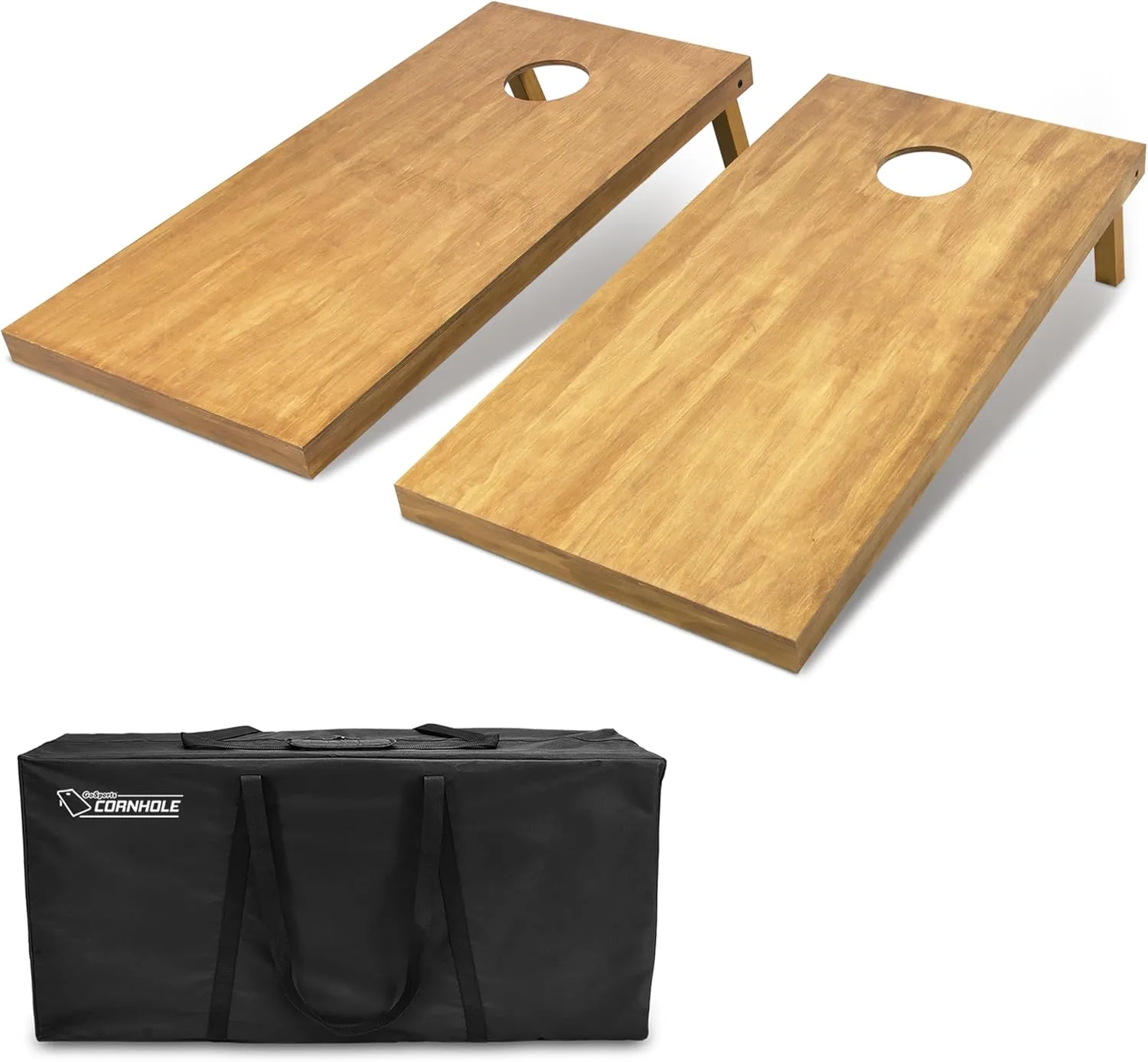 GoSports 4x2 regulation size wooden cornhole board set with a light wood finish, shown with foldable legs and accompanied by a black carrying case labeled 'GoSports Cornhole'.