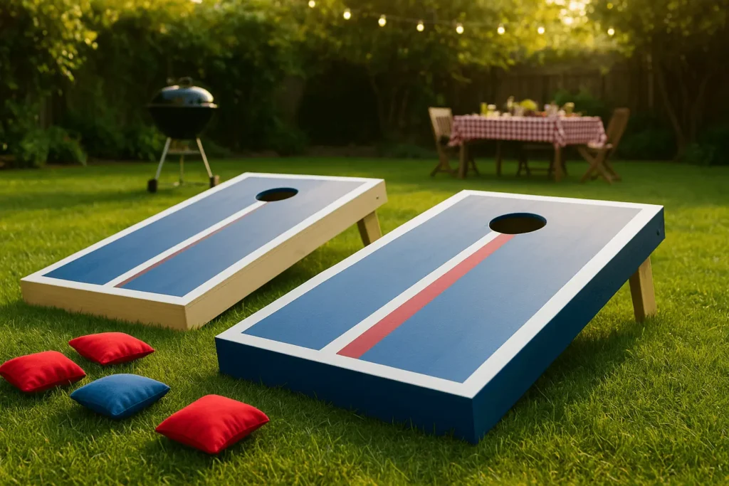 Two brightly painted cornhole boards with blue surfaces, red center stripes, and white borders set on green grass at a backyard BBQ, with red and blue bean bags in the foreground and a picnic table with string lights in the background.