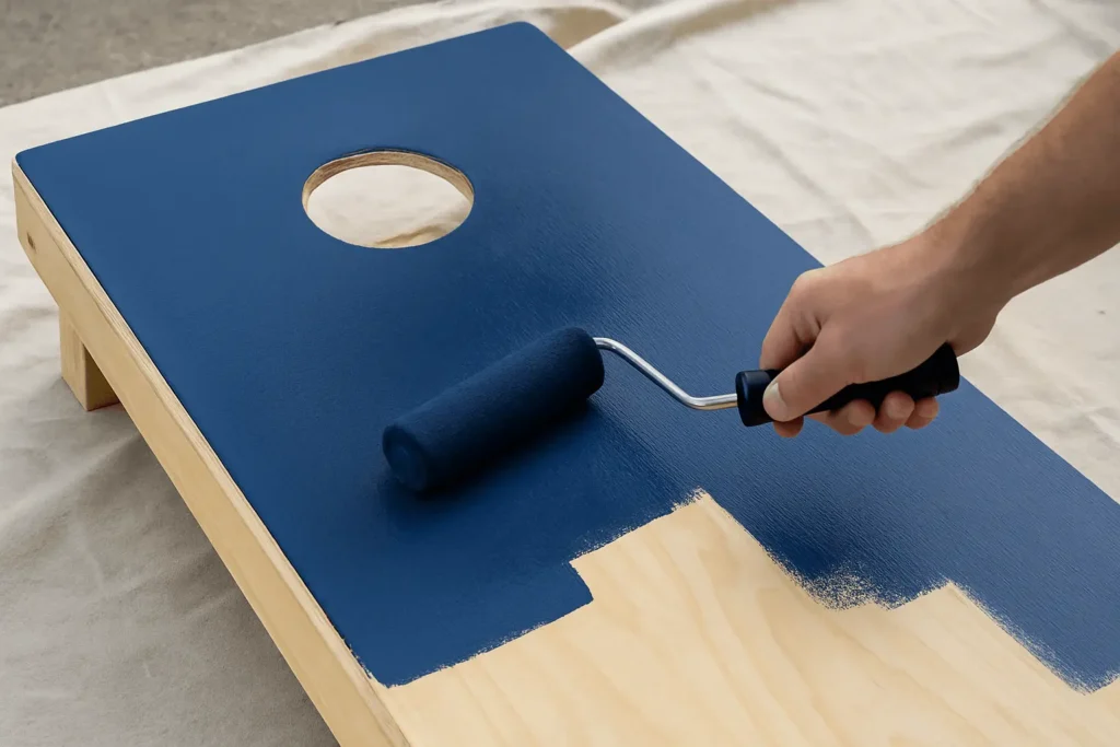 Close-up of a wooden cornhole board being painted with a roller brush in a bold base color (like navy blue), even smooth strokes, DIY instructional photography style