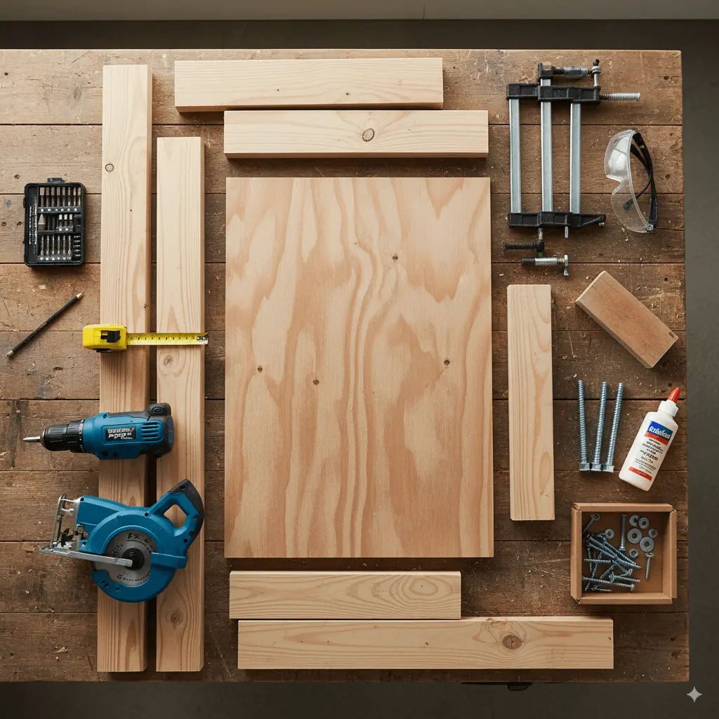 A bright, high-resolution photo of all tools and materials for DIY cornhole boards, laid neatly on a wooden workbench. Include: 2×4 lumber pieces, 2×4 plywood sheet (24×48 in), cordless drill with bits, circular saw, jigsaw, tape measure, pencil, clamps, safety goggles, sanding block, screws, wood glue, carriage bolts with wing nuts. Shot from directly above (flat lay) with soft daylight, sharp focus